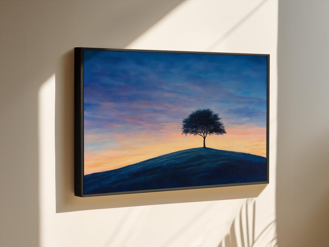 Sunset Tree Wall Art Mountain Hill Wall Decor Countryside Wall Art Nature Painting Art Print Peaceful Scenery Serene Tree Art - Image 3