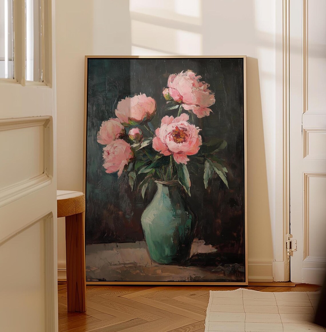 Moody Blush Pink Peonies in Teal Vase Dark Floral Oil Wall Art - Image 5