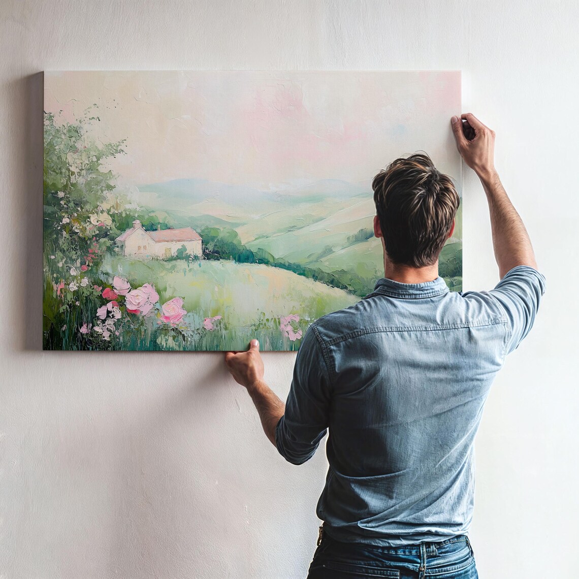 Soft Pastel Farmhouse Nestled in Rolling Green Hills Art Poster - Image 3