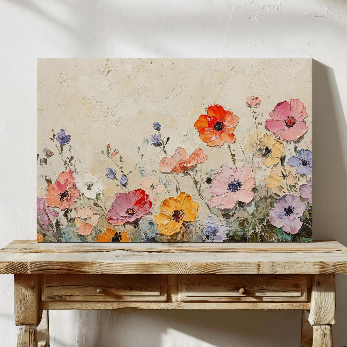 Textured Oil Painting of Coral Poppies on a Cream Canvas Poster