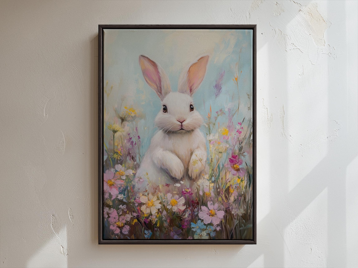 Graceful White Bunny in a Pastel Wildflower Garden Art Poster - Image 4