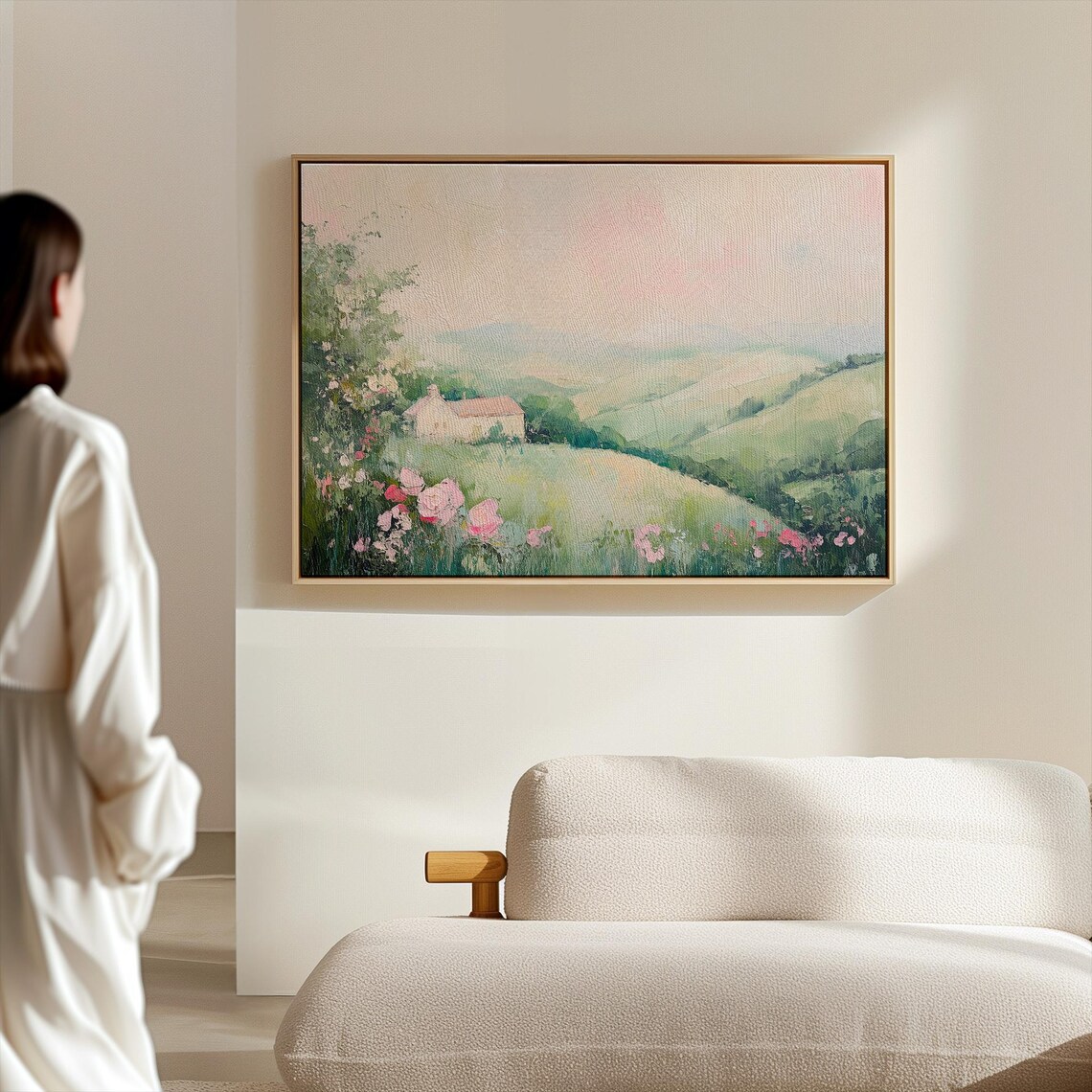 Soft Pastel Farmhouse Nestled in Rolling Green Hills Art Poster - Image 4