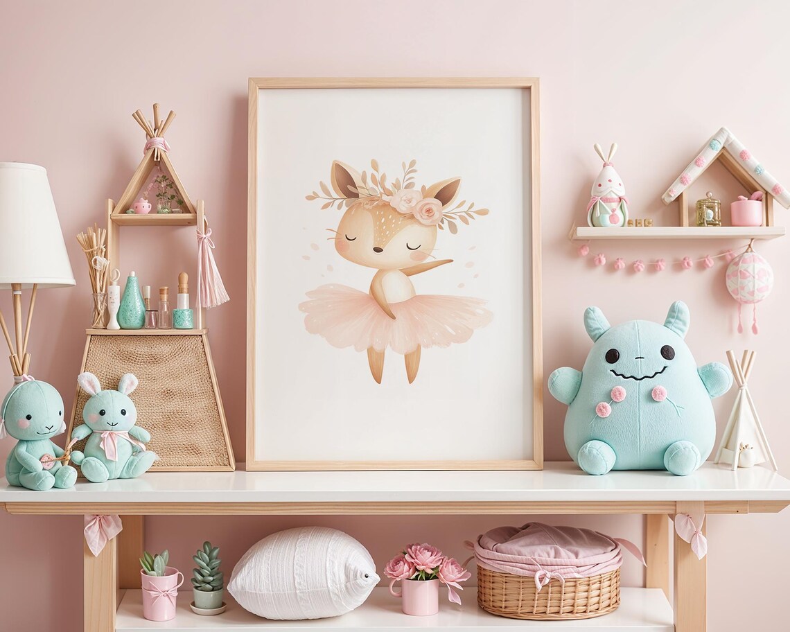 Sweet Ballerina Fawn Watercolor Nursery Wall Art in Pink Tutu - Image 5