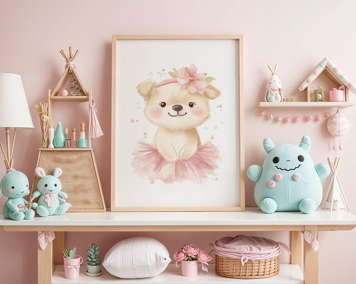 Adorable Cartoon Puppy Ballerina in Pink Tutu Nursery Art Poster