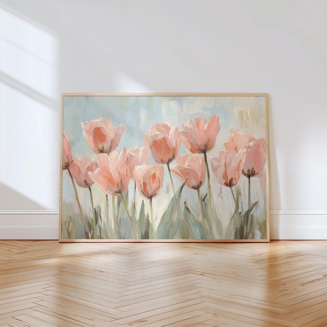 Soft Pink Tulips in an Impressionist Spring Garden Field Poster - Image 2