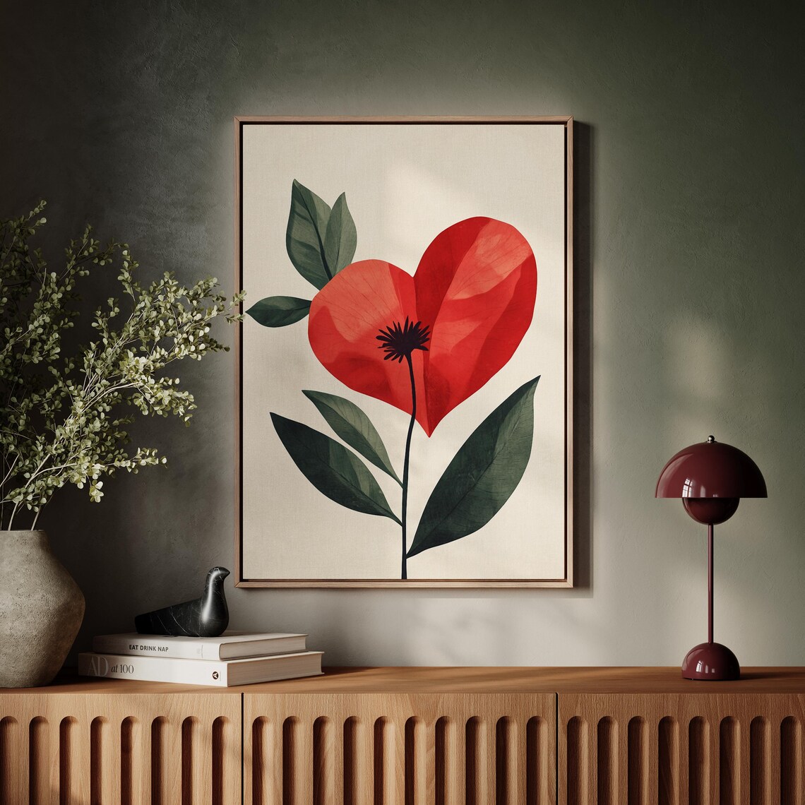 Heart Shaped Red Blooming Flower Minimalist Boho Floral Art Poster - Image 4
