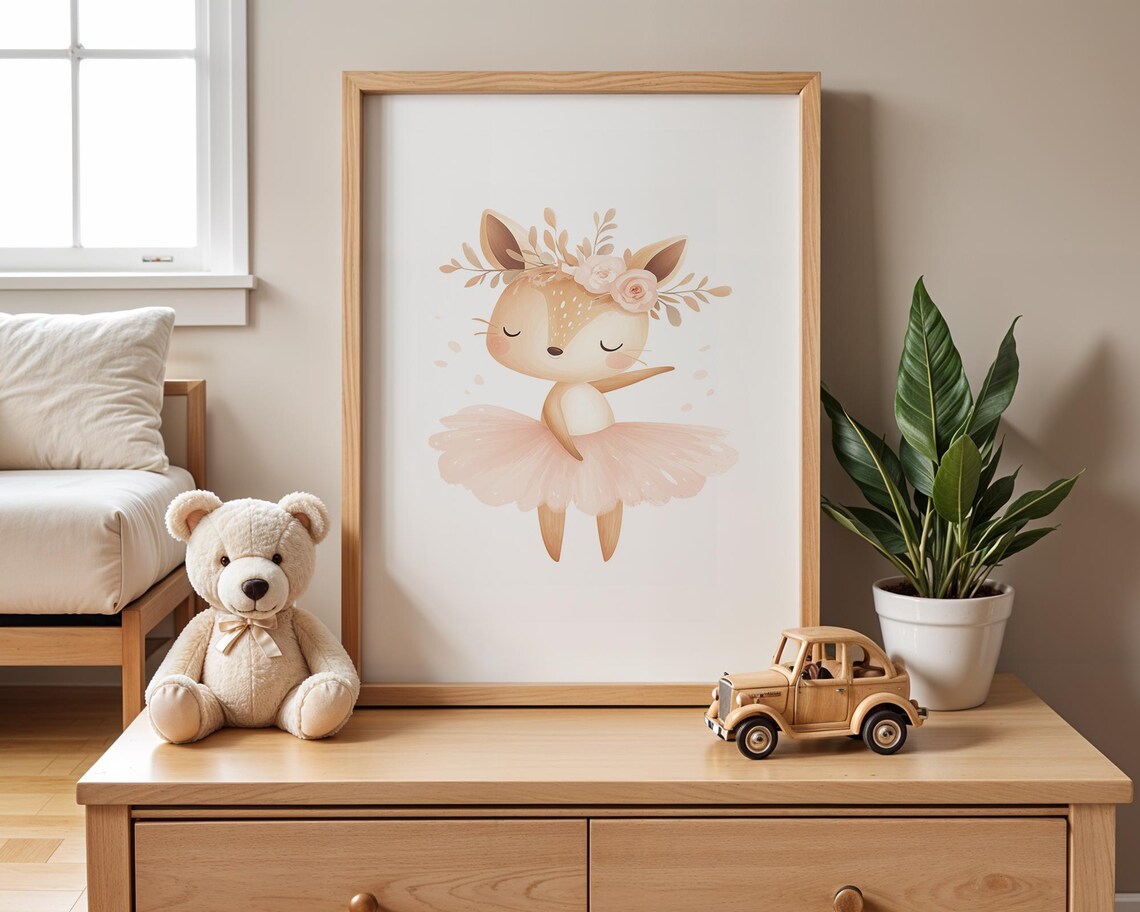 Sweet Ballerina Fawn Watercolor Nursery Wall Art in Pink Tutu