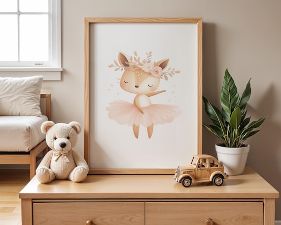 Sweet Ballerina Fawn Watercolor Nursery Wall Art in Pink Tutu
