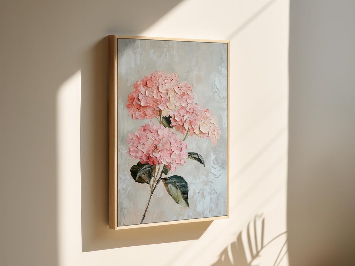 Soft Pink Hydrangea Blossoms Textured Impasto Floral Art Poster - Image 2