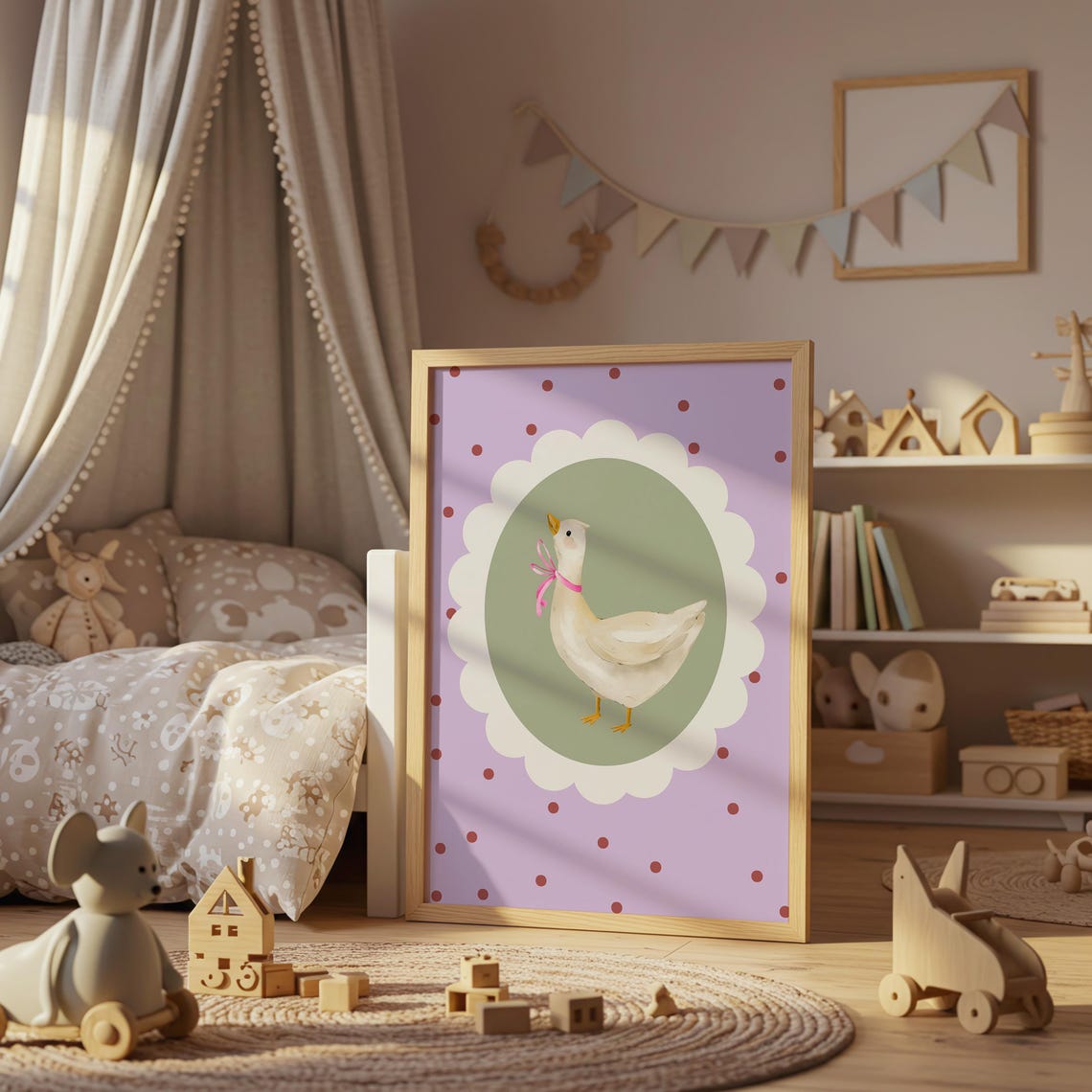 Silly Goose with Pink Ribbon Nursery Poster Purple Polka Dot Art
