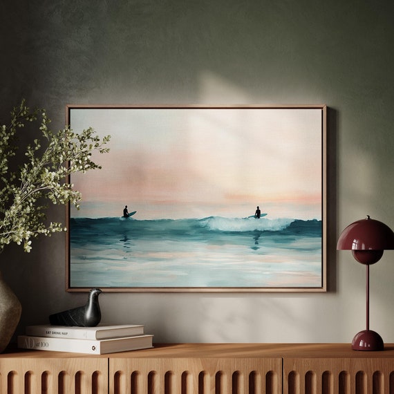 Surfers At Sunset Painting Coastal Wall Art Ocean Wave Print Serene Beach Decor Minimalist Seascape Surfing Silhouette