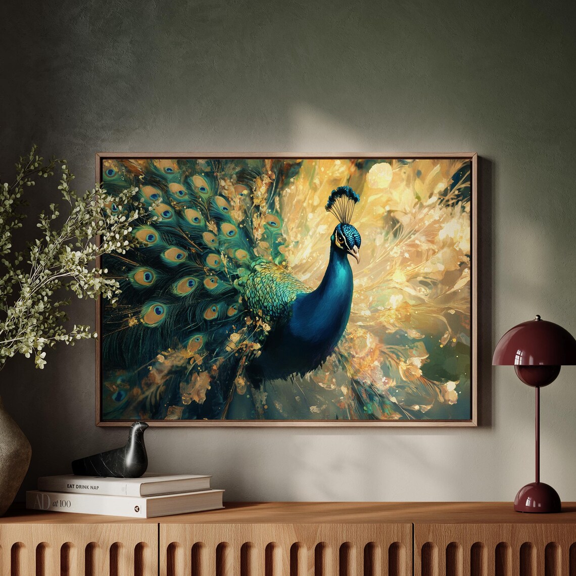 Peacock With Fanned Tail Golden Teal Majestic Radiant Bird Wall Art