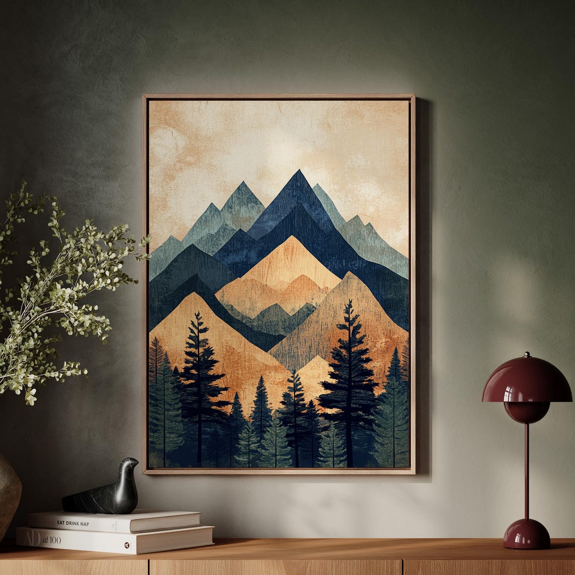 Geometric Mountain Print Rustic Nature Wall Art Modern Abstract Landscape Earth Tone Forest Poster For Home Or Office