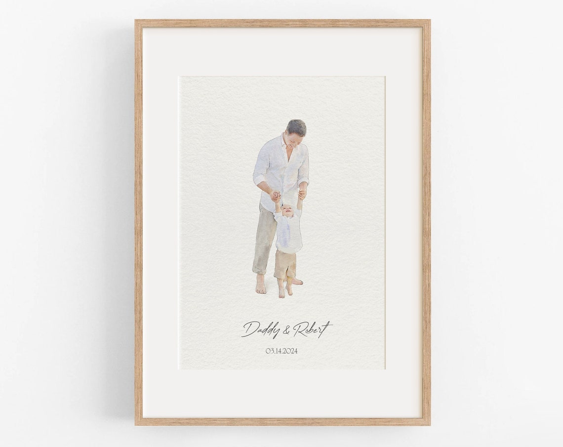 Daddy and Son Swinging Watercolor Portrait Custom Gift Poster