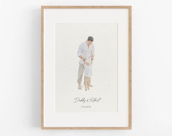 Daddy and Son Swinging Watercolor Portrait Custom Gift Poster