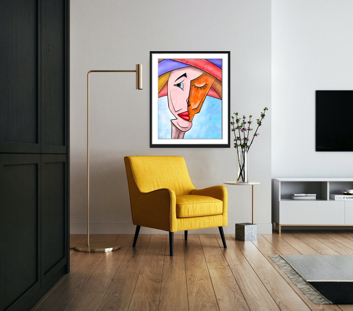 Cubist Split Face Woman Red Lips Orange Blue Abstract Poster - Image 4