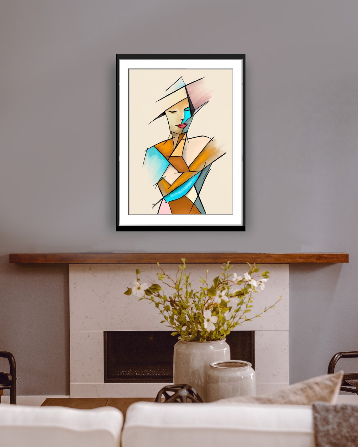 Cubist Woman Torso Geometric Blocks Orange Blue Abstract Poster - Image 2