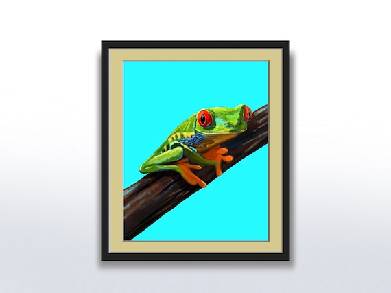 Vivid Red Eyed Tree Frog On Branch Turquoise Kids Room Art Poster