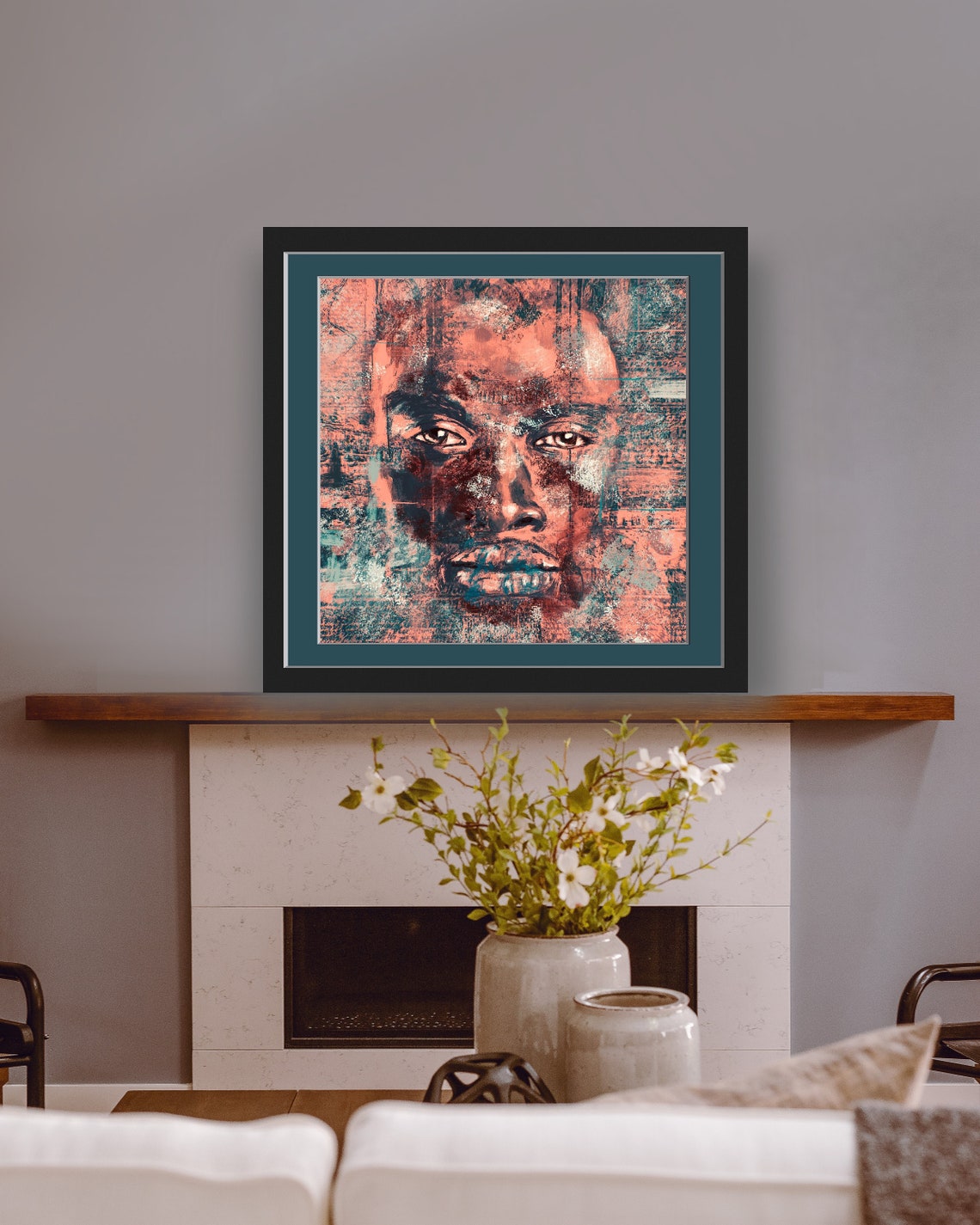 Abstract Mans Face Coral Teal Grunge Texture Portrait Poster - Image 5