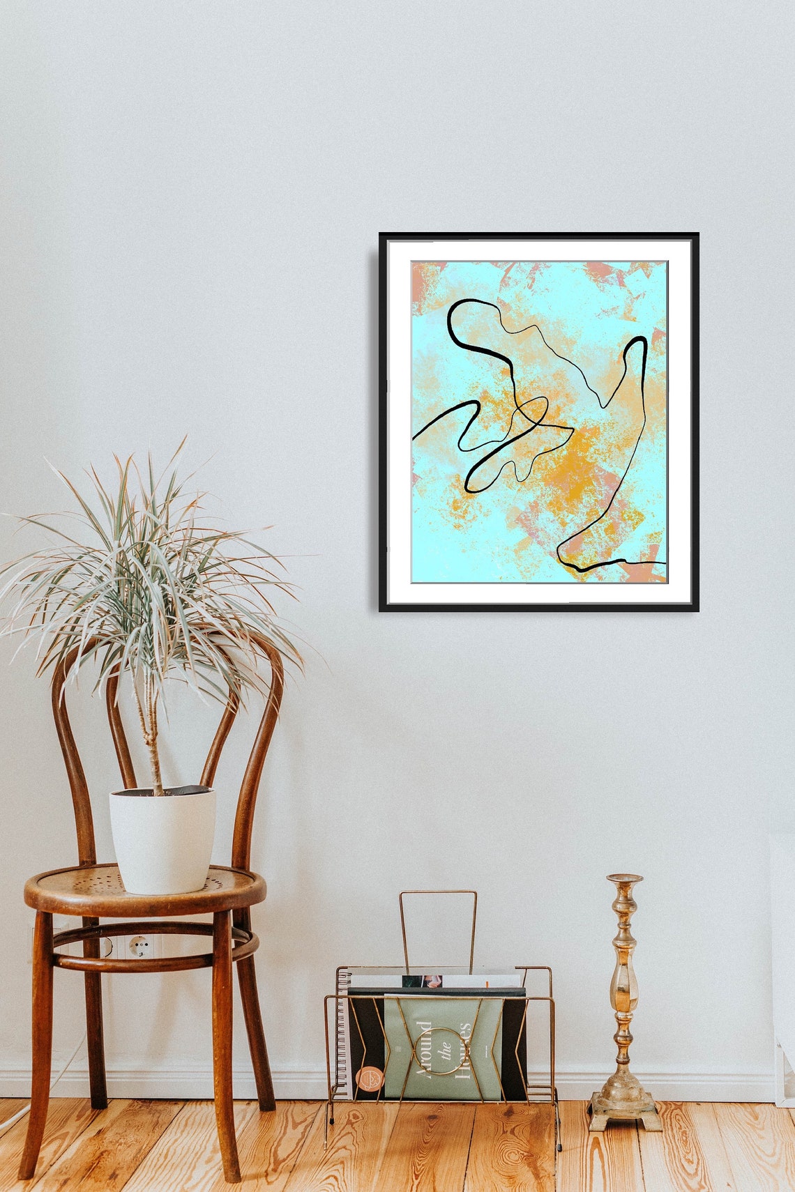 Minimalist Boho Line Art Black Squiggle Turquoise Gold Poster - Image 2