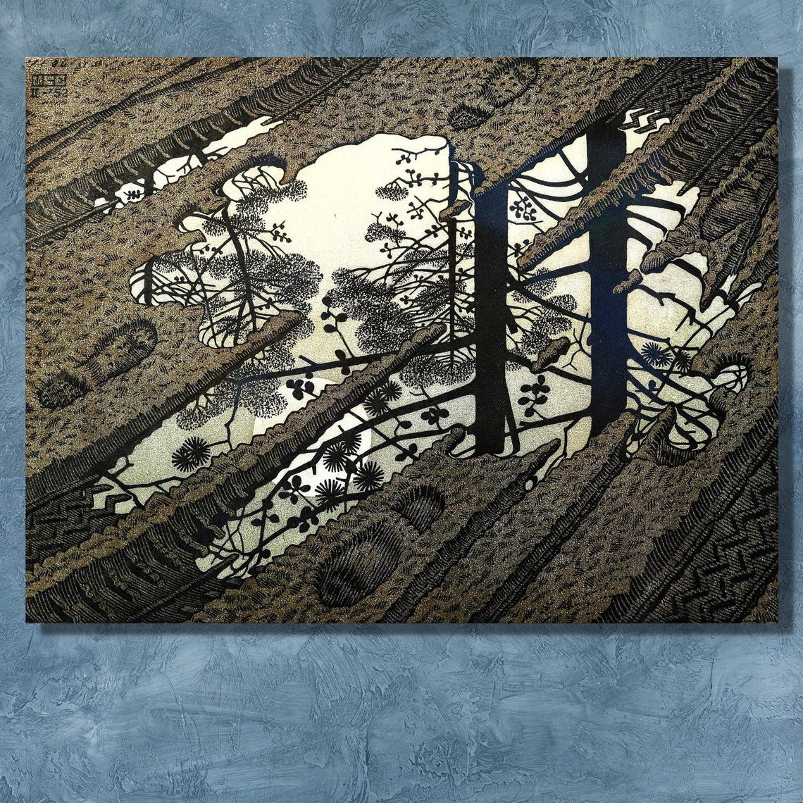 MC Escher Puddle Tree Reflection Optical Illusion Woodcut Poster
