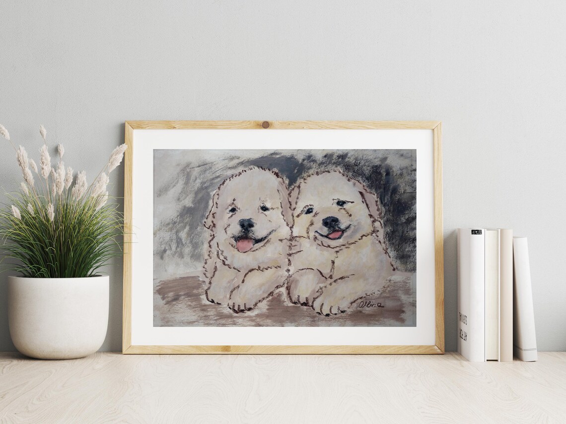 Two Golden Retriever Puppies Portrait Painting Poster Happy Pups Gift - Image 2