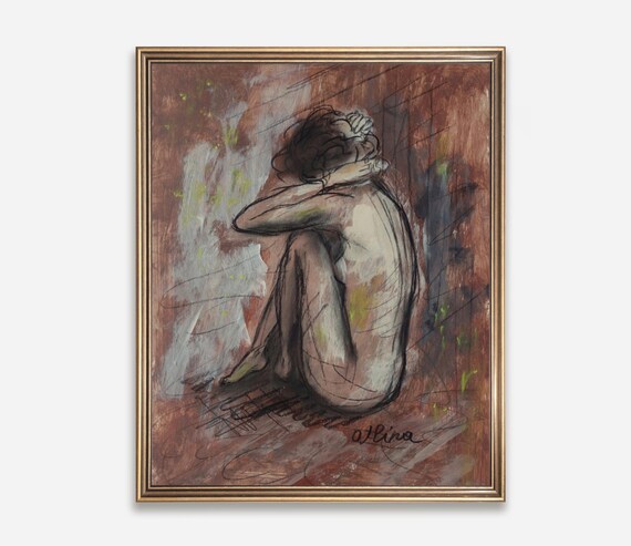 Seated Nude Woman in an Expressive Charcoal Study Art Poster