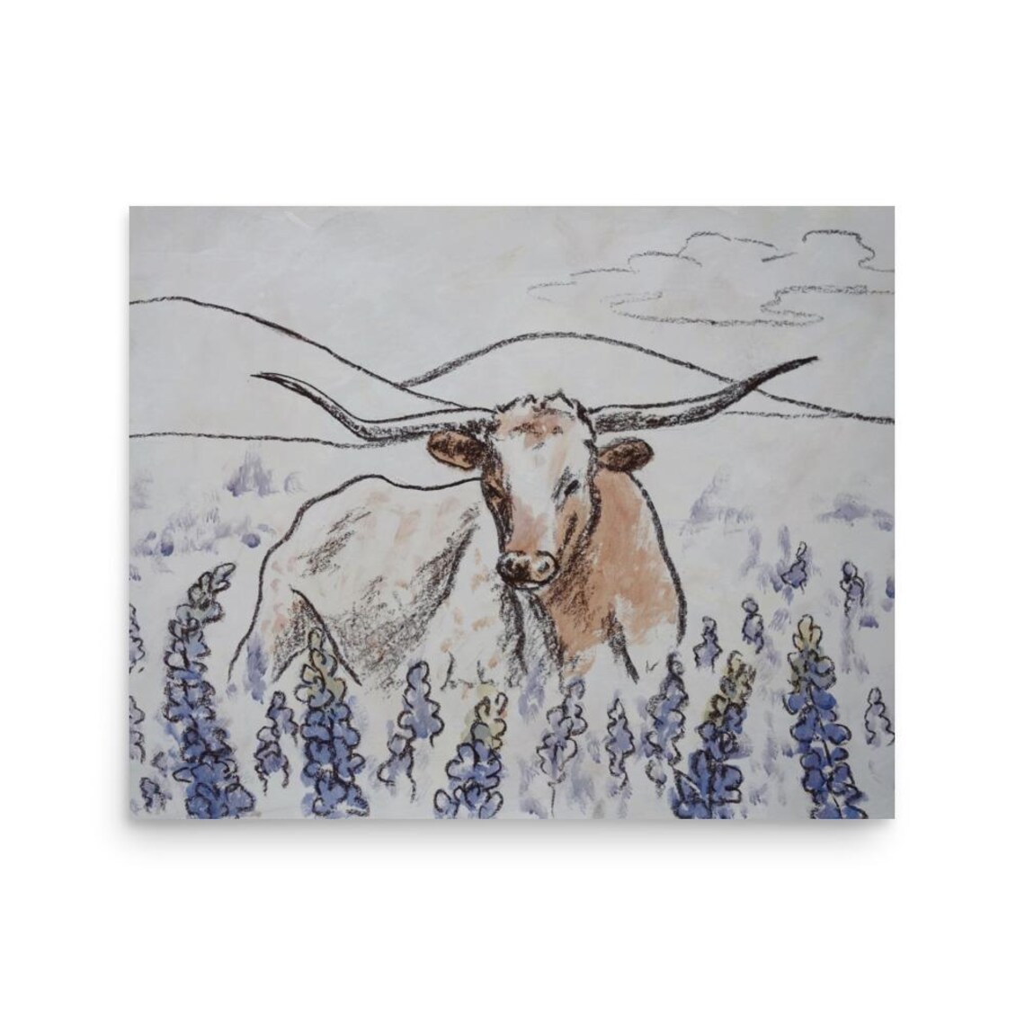 Texas Longhorn Steer Among Bluebonnets Painting Poster Western Art - Image 3