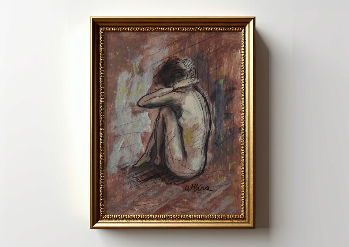 Seated Nude Woman in an Expressive Charcoal Study Art Poster - Image 3