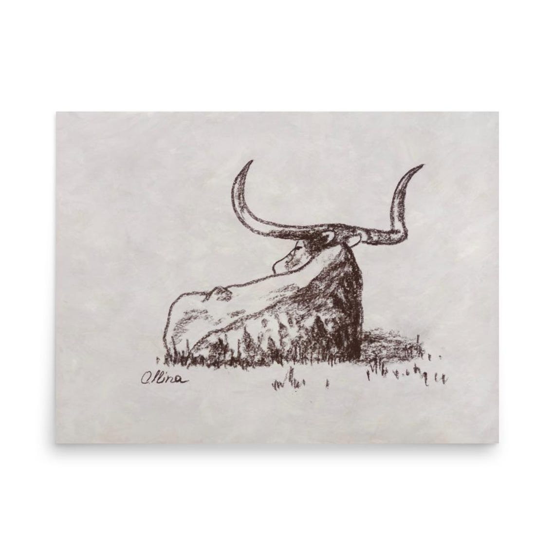 Resting Texas Longhorn Charcoal Sketch Western Ranch Decor Poster - Image 3