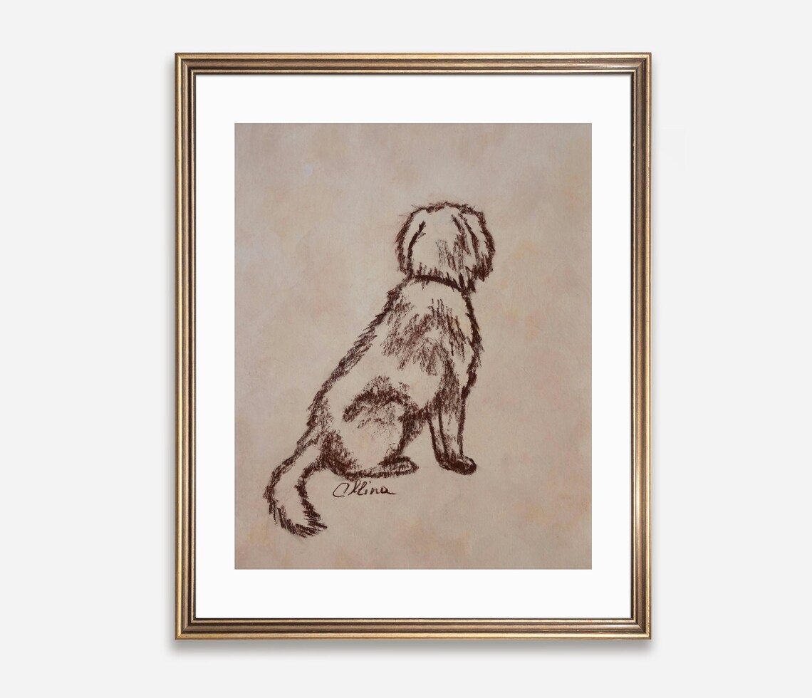 Little Dog Sitting With Its Back to Us Warm Sketch Art Poster - Image 2