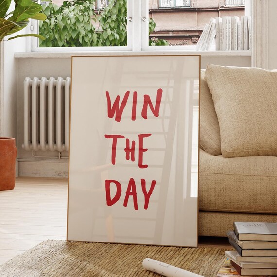 Win The Day Bold Red Brush Lettering Motivational Quote Poster