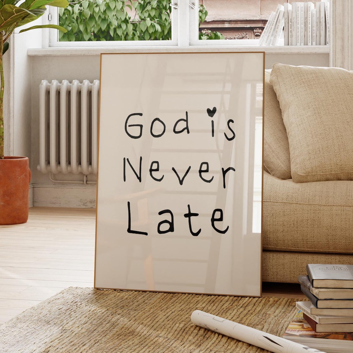 God Is Never Late Black Hand Lettered Faith Quote Art Poster