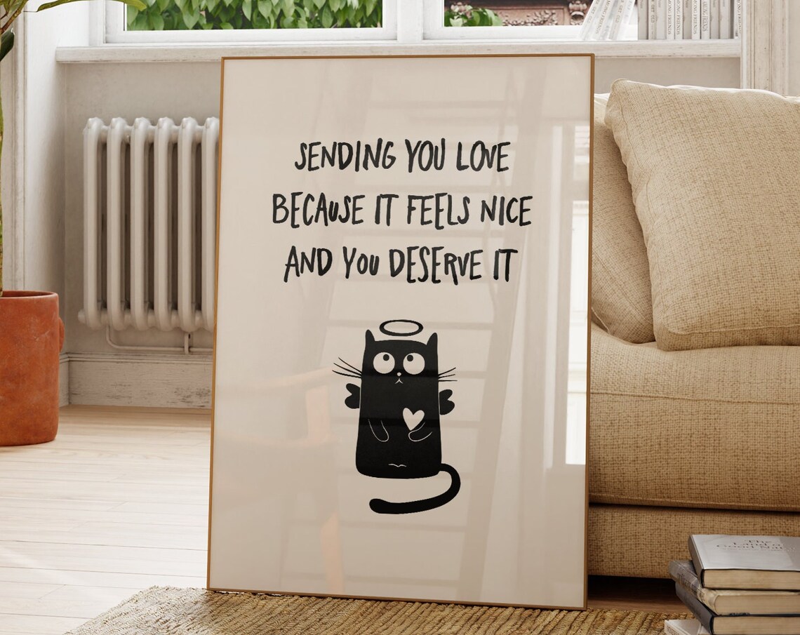 Sending You Love Black Cat Angel Cute Illustrated Quote Poster