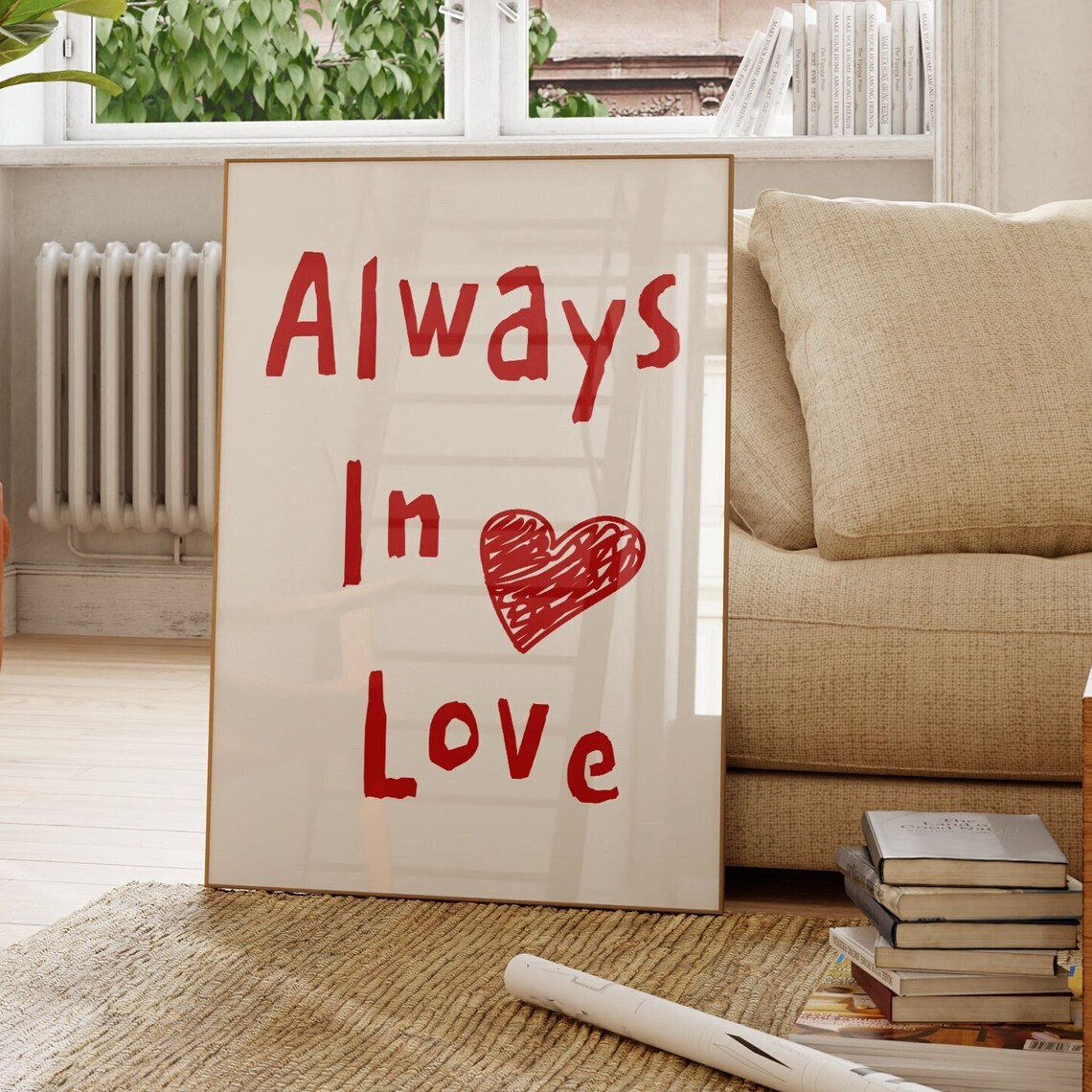 Always In Love Red Heart Handwritten Typography Poster Trendy Room Decor