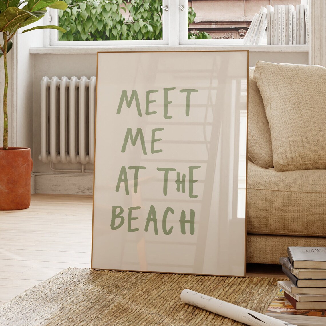 Meet Me At The Beach Sage Green Hand Lettered Coastal Quote Poster