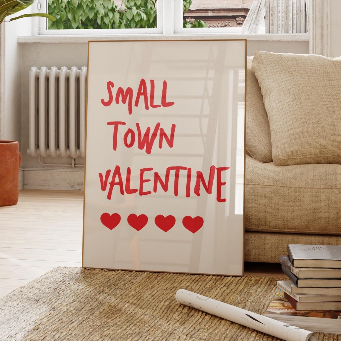 Small Town Valentine Typography Four Red Hearts Retro Art Poster