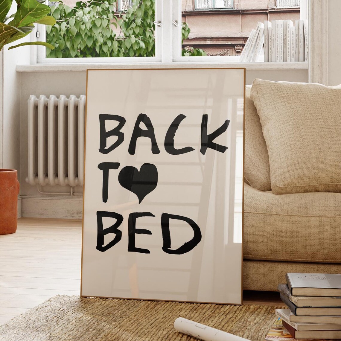 Back To Bed Funny Typography Bedroom Poster Black Hand Lettering Quote