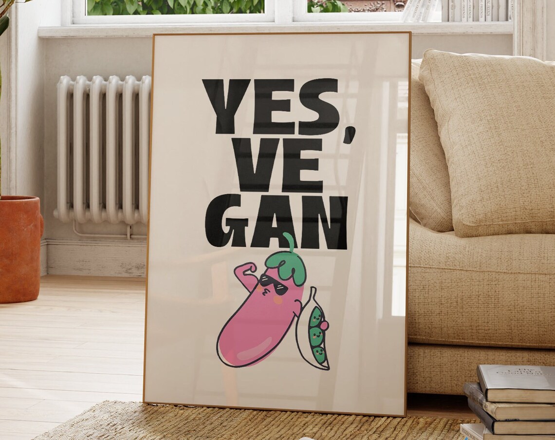 Yes Vegan Funny Kitchen Quote Cute Eggplant Cartoon Retro Typography Poster