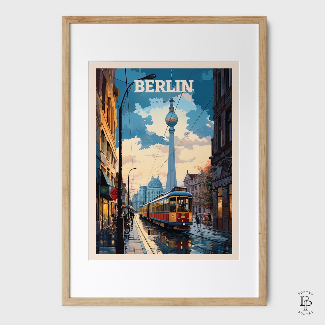 Berlin Germany TV Tower Tram Rainy Street Night Scene Travel Poster - Image 2