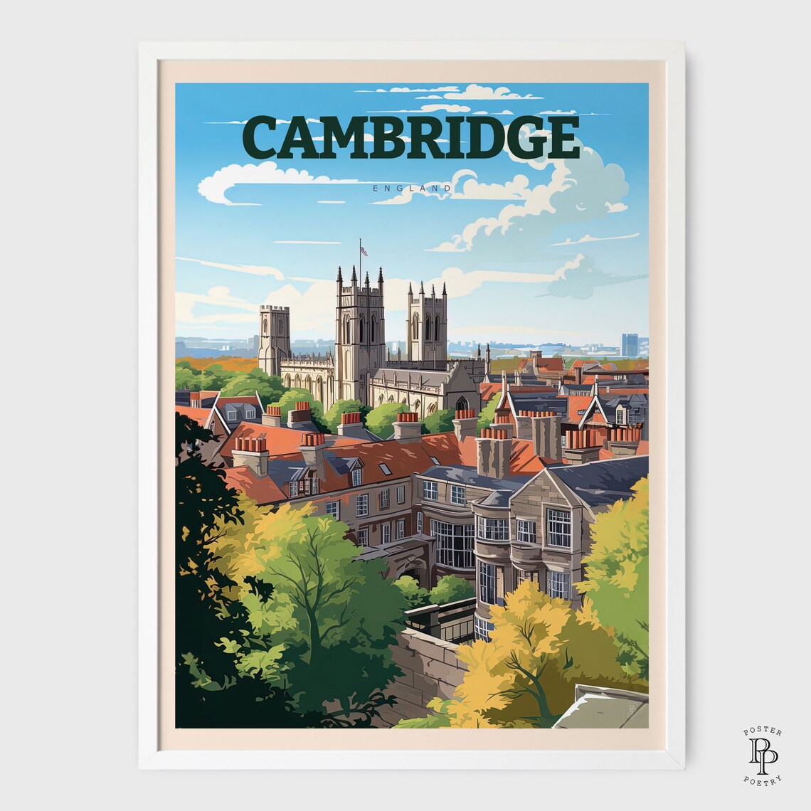 Cambridge England Kings College Chapel Rooftops Skyline Travel Poster - Image 2