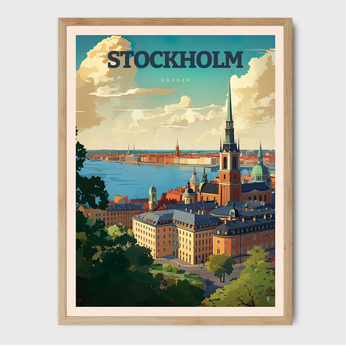 Stockholm Sweden Old Town Church Spire Harbor Skyline Travel Poster