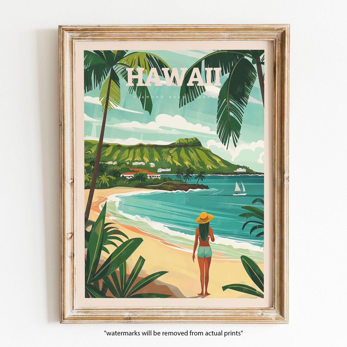 Oahu Hawaii Diamond Head Beach Palm Trees Ocean Sunset View Poster