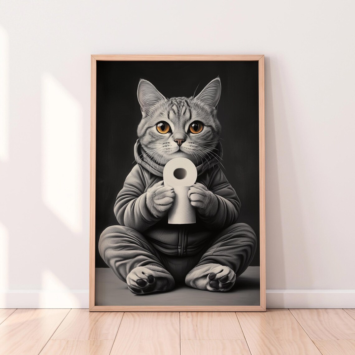 Tabby Kitten in Pajamas Holding Toilet Paper Funny Bathroom Poster