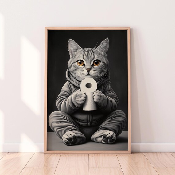 Tabby Kitten in Pajamas Holding Toilet Paper Funny Bathroom Poster