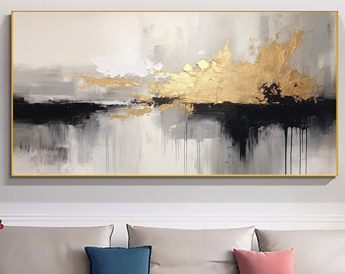 Monochrome Gold Splash Abstract Modern Art Painting Poster Extra Large