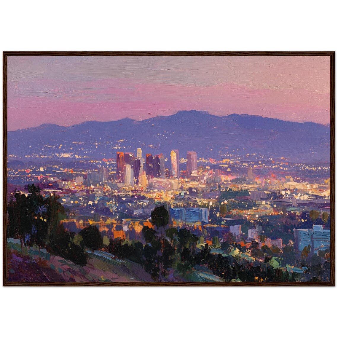 Los Angeles Skyline Sunset Dusk Oil Painting City Lights Poster