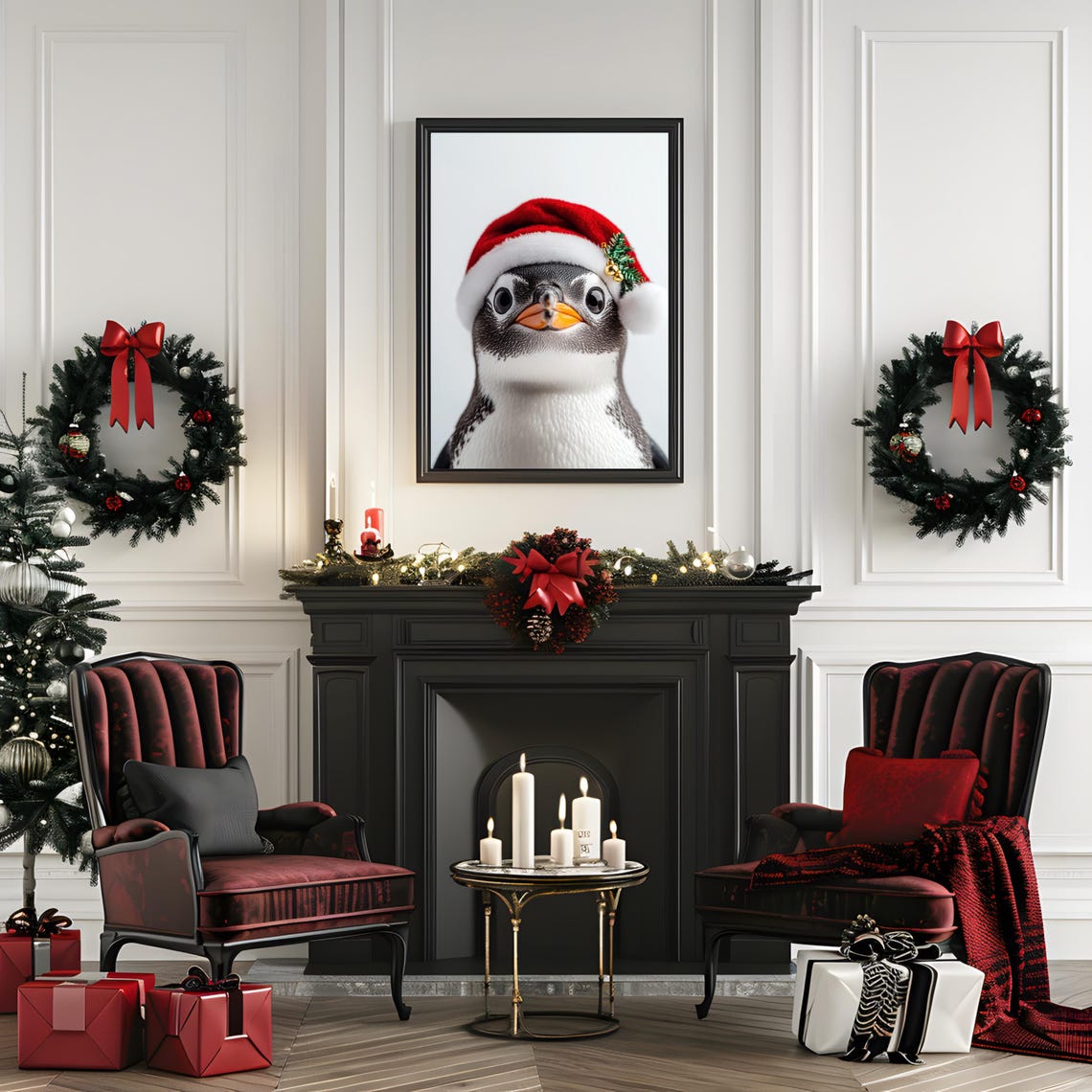 Baby Penguin in a Santa Hat Christmas Animal Portrait Poster - Image 3