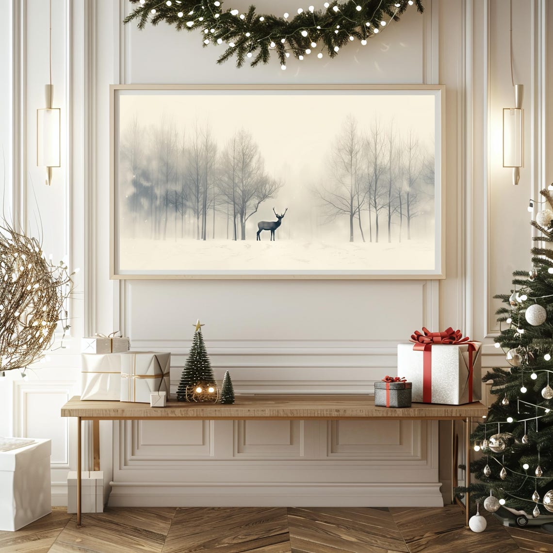 Deer Silhouette Standing in a Misty Winter Forest Minimal Poster - Image 2