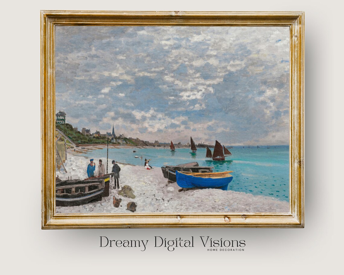 Monet Sainte Adresse Beach with Colorful Fishing Boats Impressionist Poster